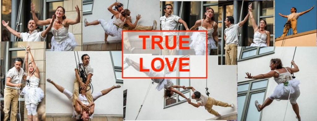 pèle-mèle de photos d'un couple de voltigeurs dans différentes positions avec au centre un panneau marqué "true love".