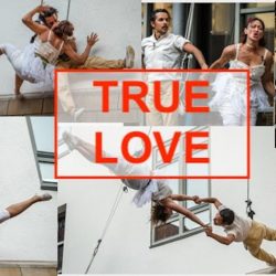 pèle-mèle de photos d'un couple de voltigeurs dans différentes positions avec au centre un panneau marqué "true love".