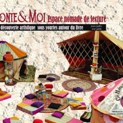 Affiche de RaConte&Moi Espace Nomade de Lecture. Collage d'images représentant des bibliothèques et coussins.