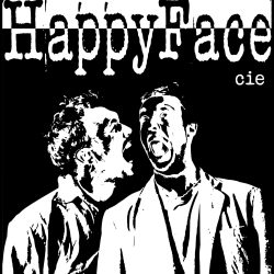 Logo iconographique noir et blanc des 2 artistes entrain de rire.
