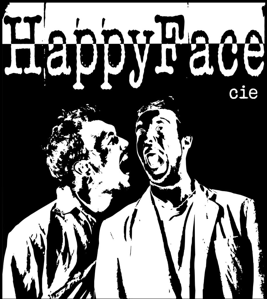 Logo iconographique noir et blanc des 2 artistes entrain de rire.
