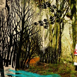 Une comédienne habillée avec des habits colorés, se tient devant un décor de forêt fait en photo et papier.