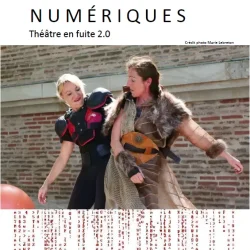 Affiche "Les liaisons numériques : Théâtre en fuite 2.0" de la cie Rouge Virgule. Elle représente une photo des 2 artistes en armure et des sigles en typographie type informatique sortent de la photo.