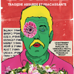 Affiche du spectacle « La Gerbe » des Boudeuses. Illustration d’un homme, chrysanthème dans l’œil et gerbe de fleur devant lui.