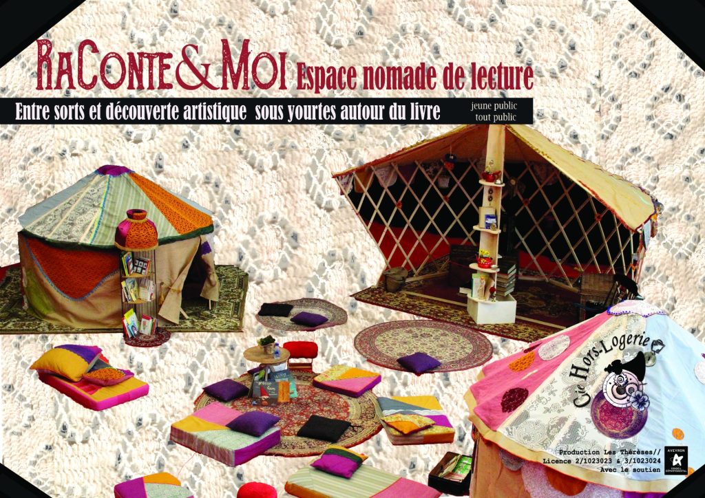 Affiche de RaConte&Moi Espace Nomade de Lecture. Collage d'images représentant des bibliothèques et coussins.